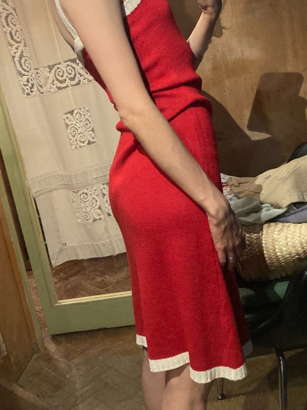 Red Knit Dress with White Trim
